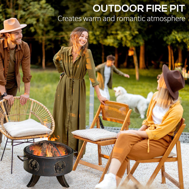 Outdoor Fire Pit Patio Heater Charcoal Log Wood Burner with Screen Cover, Fire Bowl with Poker for Backyard, Bronze Tone