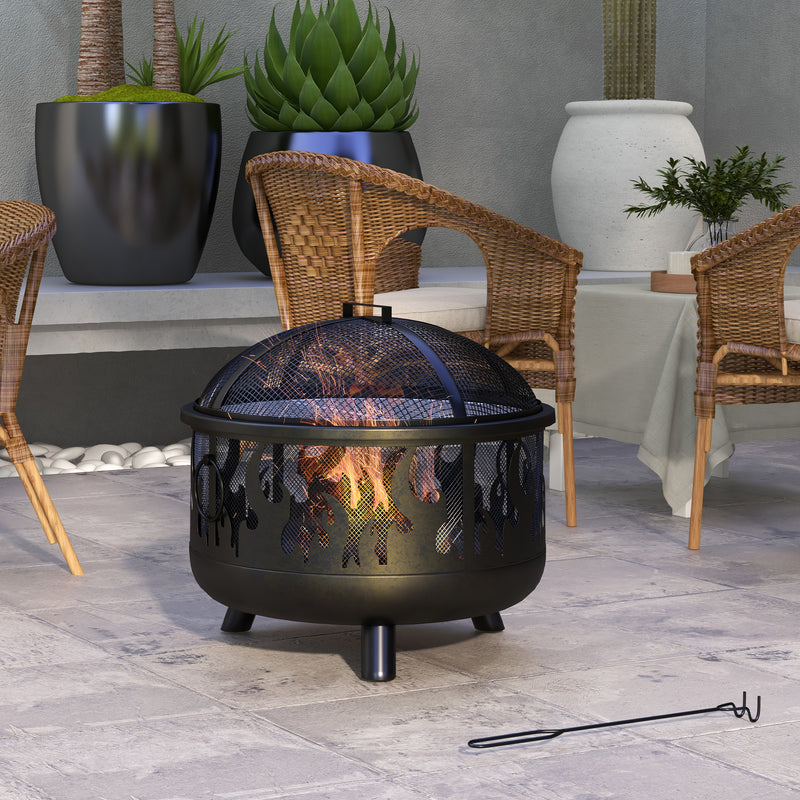 Metal Firepit Bowl Outdoor 2-In-1 Round Fire Pit w/ Lid, Grill, Poker, Handles for Garden, Camping, BBQ, Bonfire, Wood Burning Stove, 61.5 x 61.5 x 52cm, Black