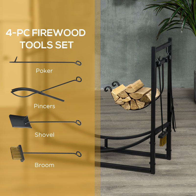 Firewood Stand Log Rack Holder 84cm with 4-PC Fireplace Tools Set, Indoor Outdoor, Metal, Black