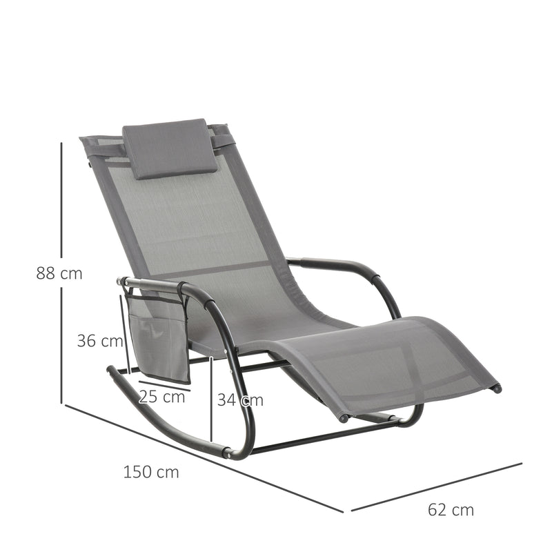 2Pcs Garden Rocking Chair, Patio Sun Lounger Rocker Chair w/ Breathable Mesh Fabric, Removable Headrest Pillow, Side Storage Bag, Grey