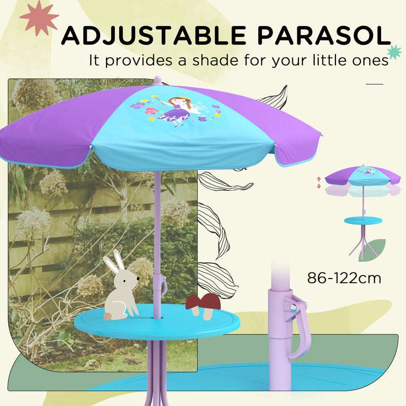 Kids Picnic Table and Chair Set, Fairy Themed Outdoor Garden Furniture w/ Foldable Chairs, Adjustable Parasol