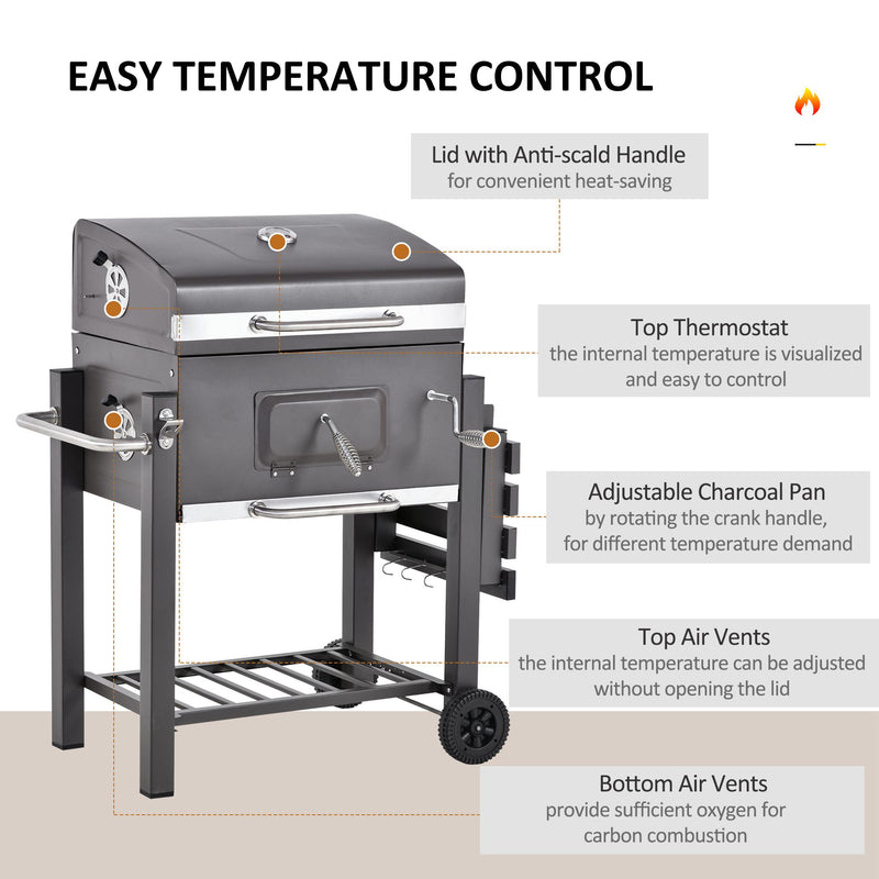 Charcoal Grill BBQ Trolley Backyard Garden Smoker Barbecue w/ Shelf Side Table Wheels Built-in Thermometer