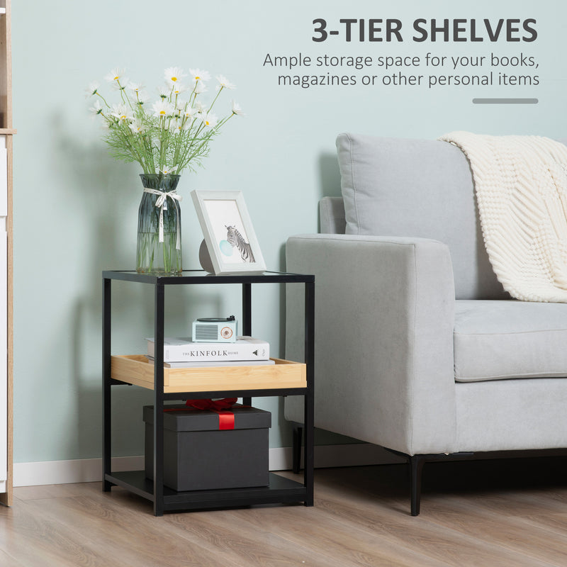 Glass Top Side Table, 3-Tier End Table with Storage Shelves, Nightstand with Steel Frame for Bedroom