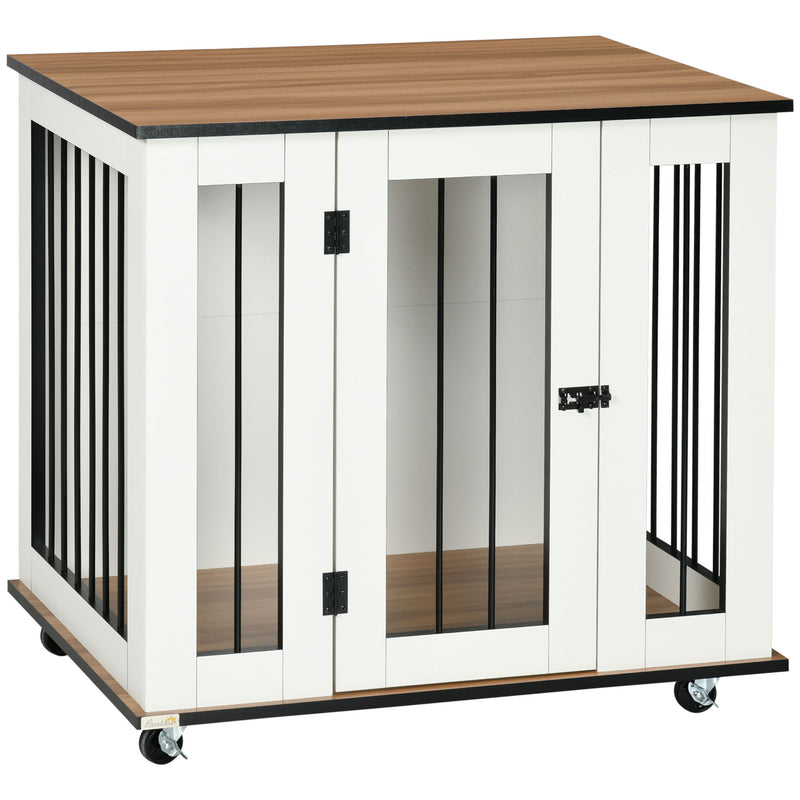 Dog Crate Furniture with Wheels, Dog Cage End Table for Medium Dogs, with Lockable Door, White, 80 x 60 x 76.5cm