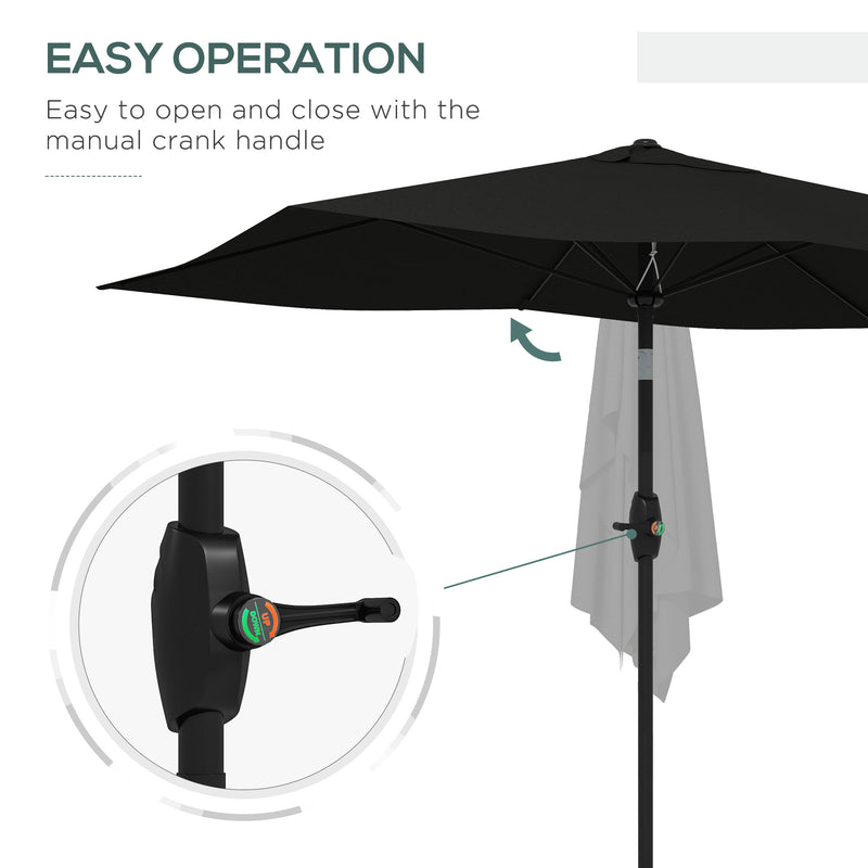 2 x 3(m) Garden Parasol Umbrella, Rectangular Outdoor Market Umbrella Sun Shade with Crank & Push Button Tilt, 6 Ribs, Aluminium Pole, Black