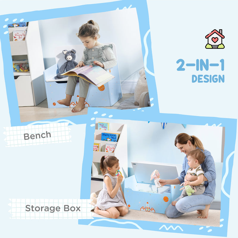 3PCs Kids Bedroom Furniture Set with Bed, Toy Box Bench, Storage Unit with Baskets, Space Themed, for 3-6 Years Old, Blue