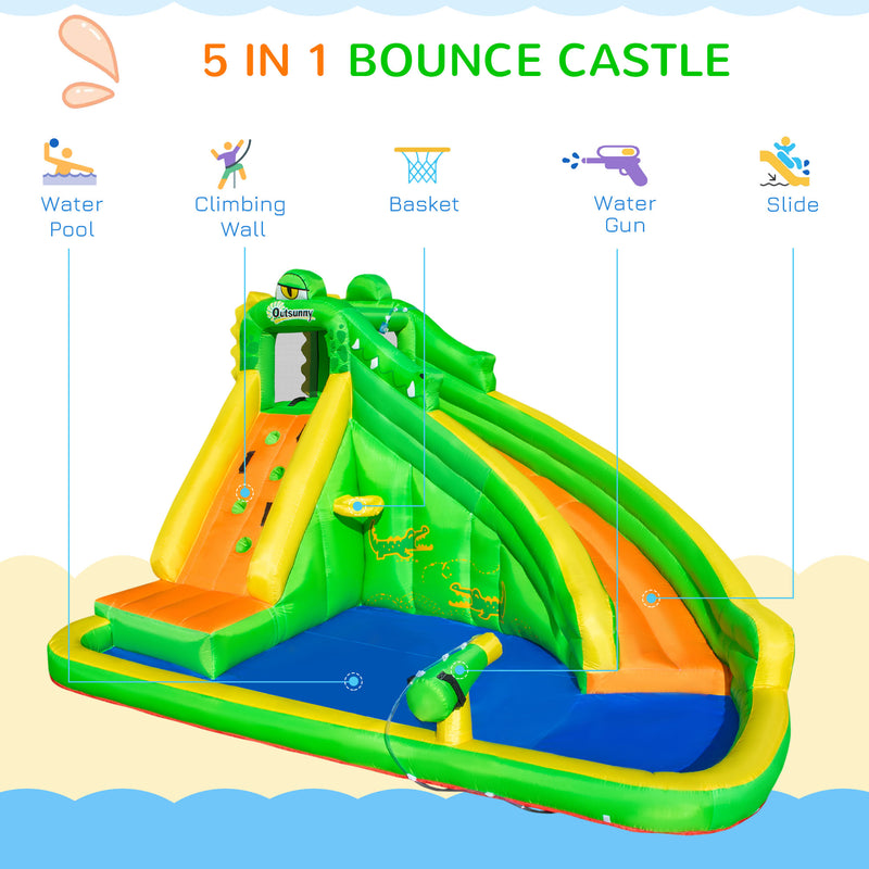 5 in 1 Kids Bouncy Castle Large Crocodile Style Inflatable House Slide Basket Water Pool Climbing Wall for Kids Age 3-8, 3.85 x 2.85 x 2.25m