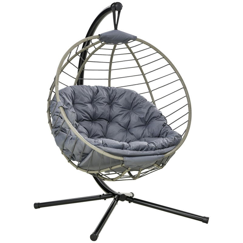 PE Rattan Swing Chair, Outdoor Hanging Chair with Metal Stand, Thick Padded Cushion, Foldable Basket and Cup Holder, for Indoor Outdoor Grey