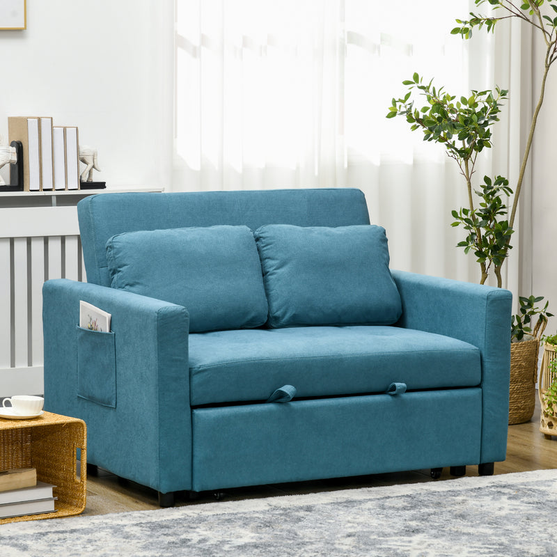 Loveseat Sofa Bed, Convertible Bed Settee with 2 Cushions, Side Pockets for Living Room, Blue