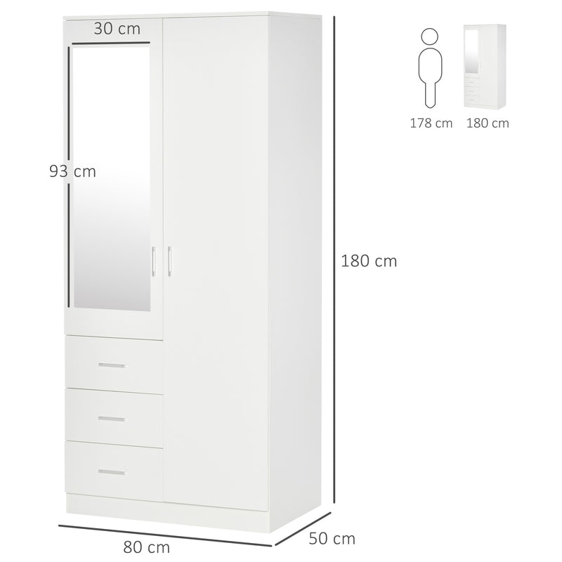 Modern Mirror Wardrobe 2 Door Storage Cupboards Home Storage Organisation Furniture with Adjustable Shelf, 3 Drawers, 80W x 50D x 180Hcm-Whit