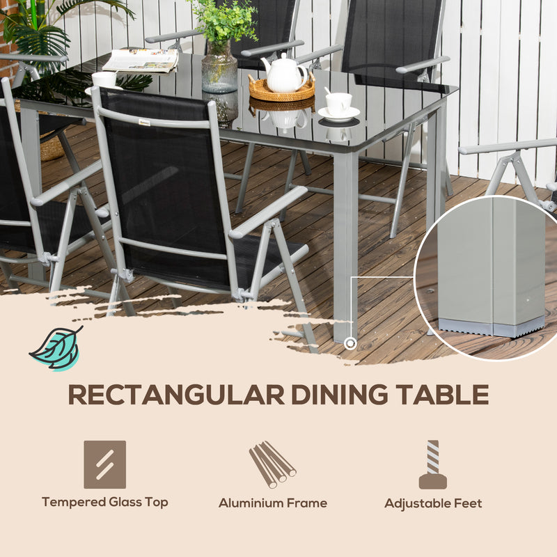 7 Piece Garden Dining Set, Outdoor Table and 6 Folding and Reclining Chairs, Aluminium Frame, Tempered Glass Top Table Texteline Seats Black