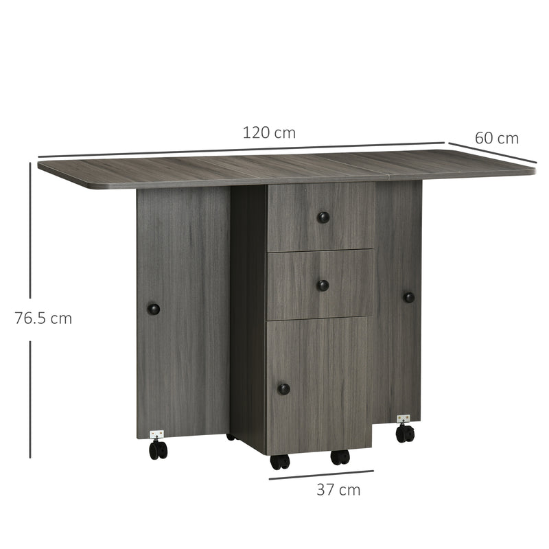 Folding Dining Table for 4-6, Rolling Drop Leaf Table with Storage Drawers, Cabinet and Open Shelf, Extendable Kitchen Table on Wheels, Grey