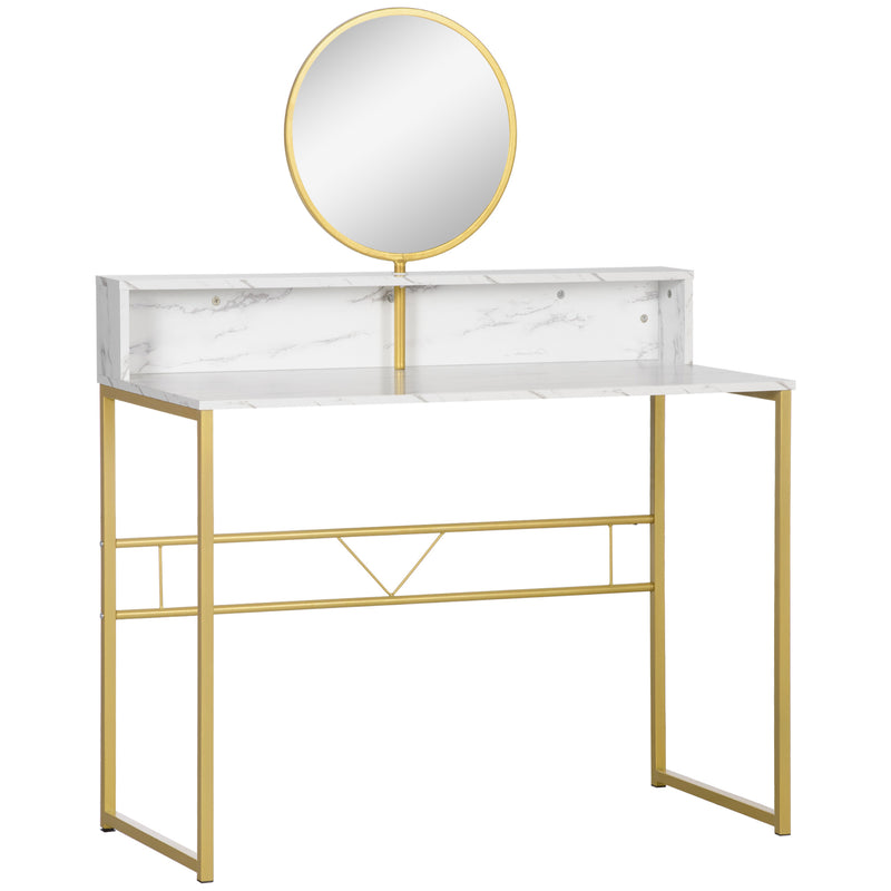 Modern Dressing Table with Round Mirror, Vanity Makeup Desk with Open Storage, Faux Marble Texture and Steel Frame for Bedroom, White