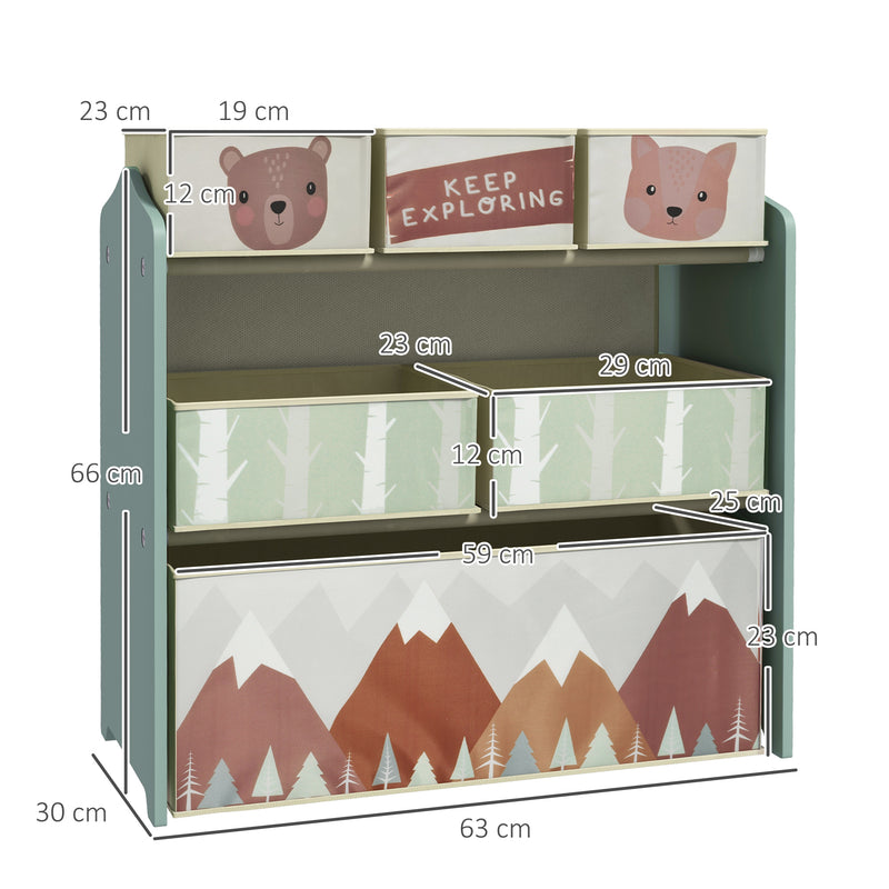Kids Storage Units with 6 Fabric Bins, Childrens Toy Storage Organiser for Bedroom, Nursery, 63 x 30 x 66cm, Green