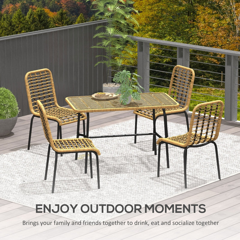 5 Pcs Rattan Outdoor Dining Set Patio Conservatory w/ Tempered Glass Tabletop Hollowed-out Design - Natural Wood Finish