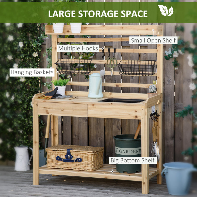 Potting Bench Table, Garden Work Bench, Workstation with Metal Sieve Screen, Removable Sink, Additional Hooks and Baskets for Patio, Balcony