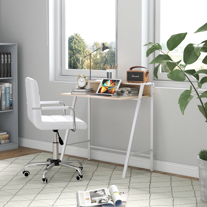 Home Office Chair and Computer Desk Set, Faux Leather Desk Chair with Swivel Wheels, Study Desk with Storage Shelf, White