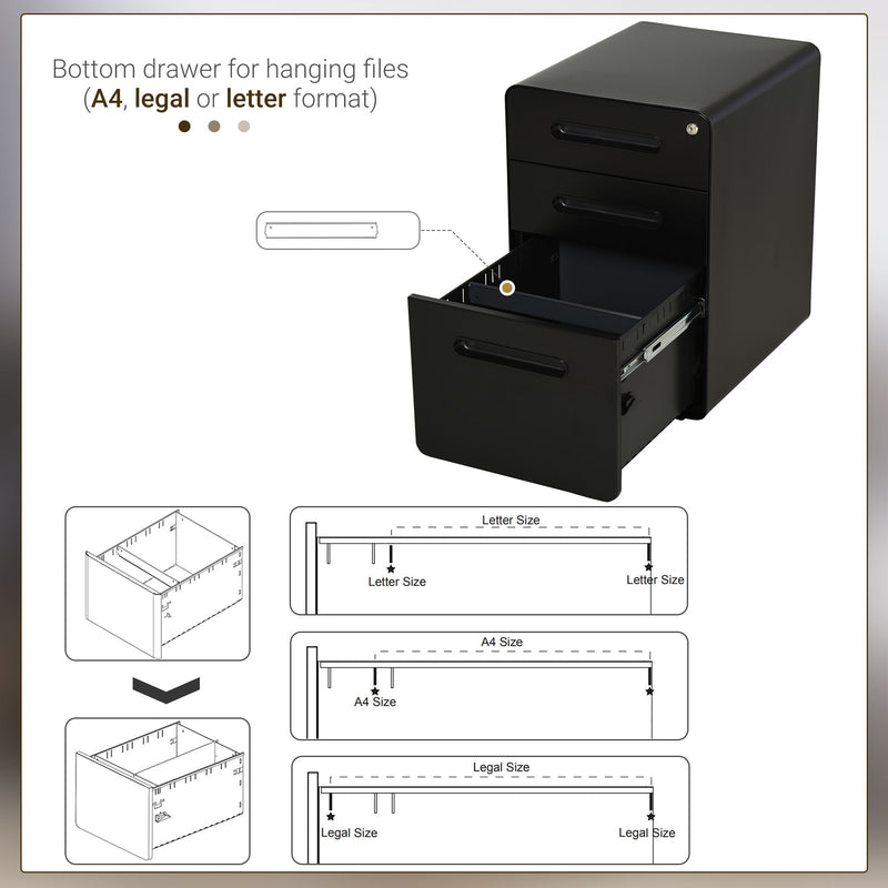 Fully Assembled 3-Drawer Mobile File Cabinet Lockable All-Metal Rolling Vertical File Cabinet Black