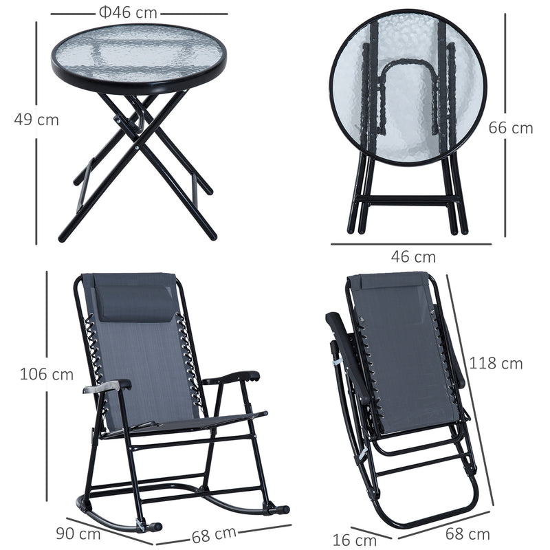 3 Piece Outdoor Rocking Set with 2 Folding Chairs and 1 Tempered Glass Table, Patio Bistro Set for Garden, Deck, Grey