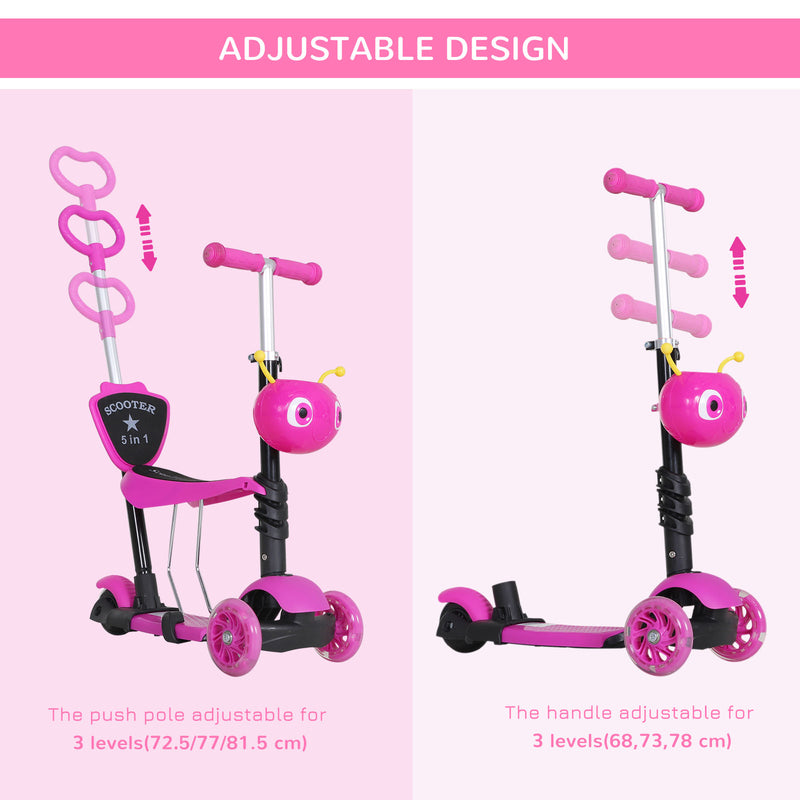5-in-1 Kids Toddler 3 Wheels Mini Kick Scooter Push Walker with Removable Seat & Back Rest for Girls and Boys Pink