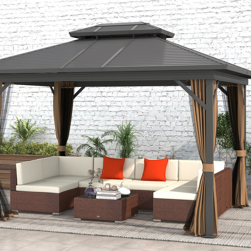Seven-Piece Garden Rattan Set, with Glass-Top Table - Brown