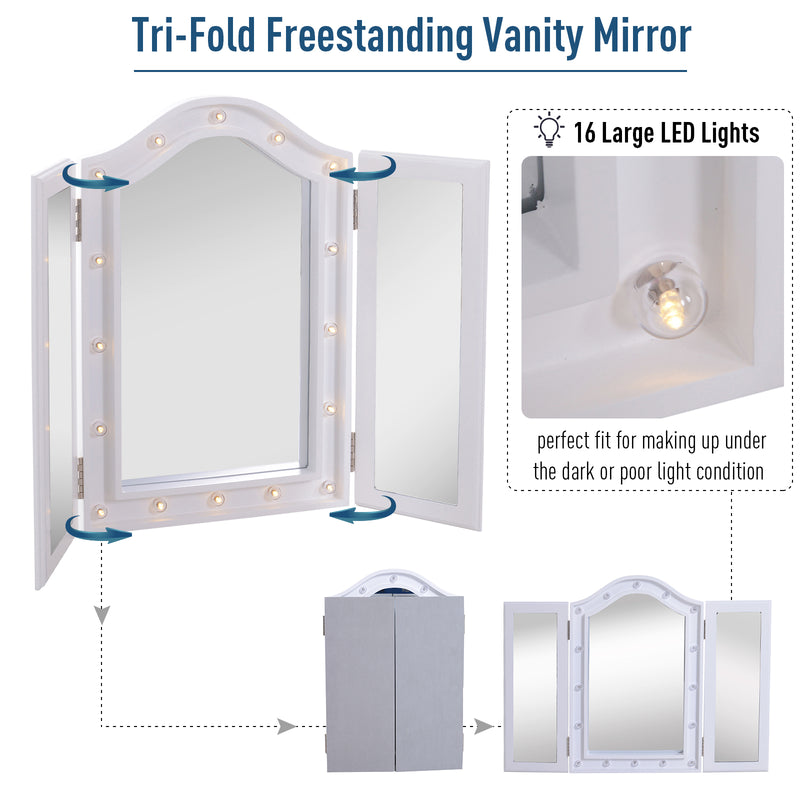 Trifold Freestanding Mirror, Lighted Tabletop Vanity Mirror Large Cosmetic w/16 LED Lights powered by batteries Foldable For Bedroom- White