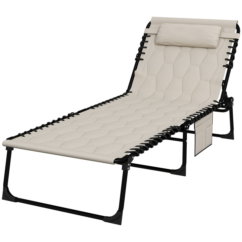 Foldable Sun Lounger Set with 5-level Reclining Back, Outdoor Tanning Chairs Sun Loungers with Build-in Padded Seat, Side Pocket, Headrest for Beach, Yard, Patio, Khaki