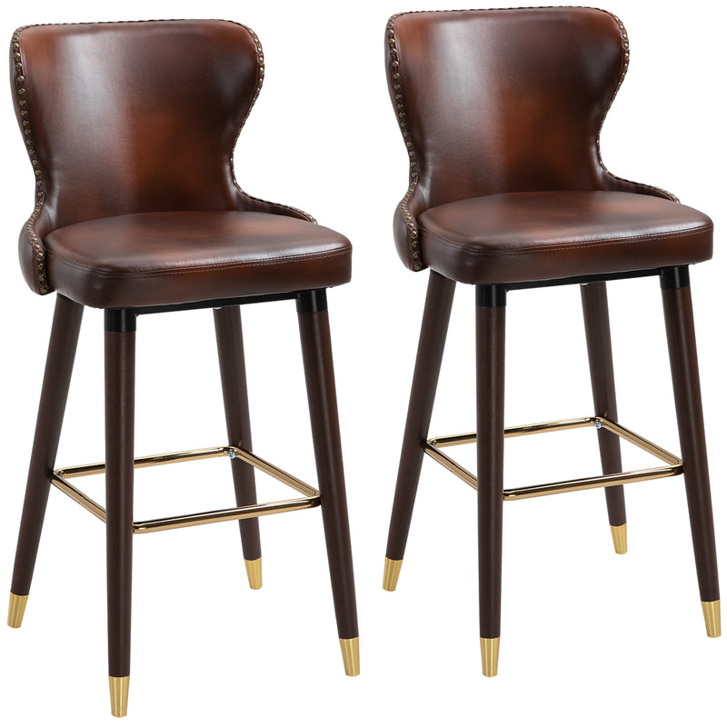 Bar Stools Set of 2, PU Leather Vintage Counter-Height Bar Chair, Luxury European Style Kitchen Stools with Back, Brown