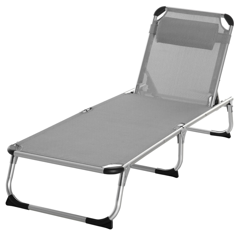 Foldable Reclining Sun Lounger Lounge Chair Camping Bed Cot w/ Pillow 4-Level Adjustable Back Aluminium Frame Grey