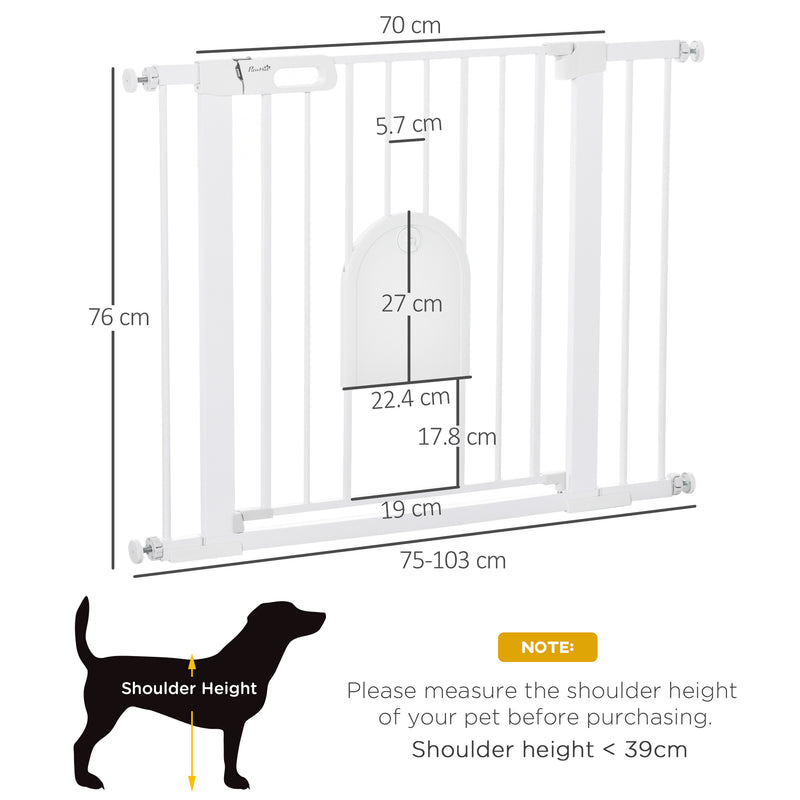 Dog Gate with Cat Flap Pet Safety Gate Barrier, Stair Pressure Fit, Auto Close, Double Locking, for Doorways, Hallways, 75-103 cm White