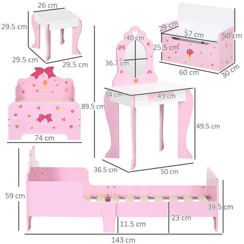 4PCs Kids Bedroom Furniture Set with Bed, Toy Box Bench, Dressing Table and Stool, Princess Themed, for 3-6 Years Old, Pink