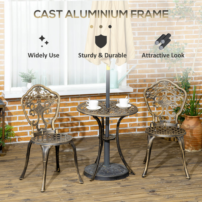 3 Piece Cast Aluminium Garden Bistro Set for 2 with Parasol Hole, Outdoor Coffee Table Set, Two Armless Chairs and Round Coffee Table