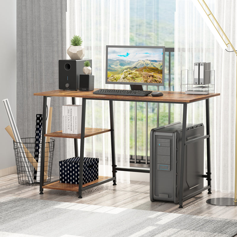 Office Desk Working Station Home Office Table with 2 Shelves Computer Gaming Desk Steel Frame Black and Rustic Brown