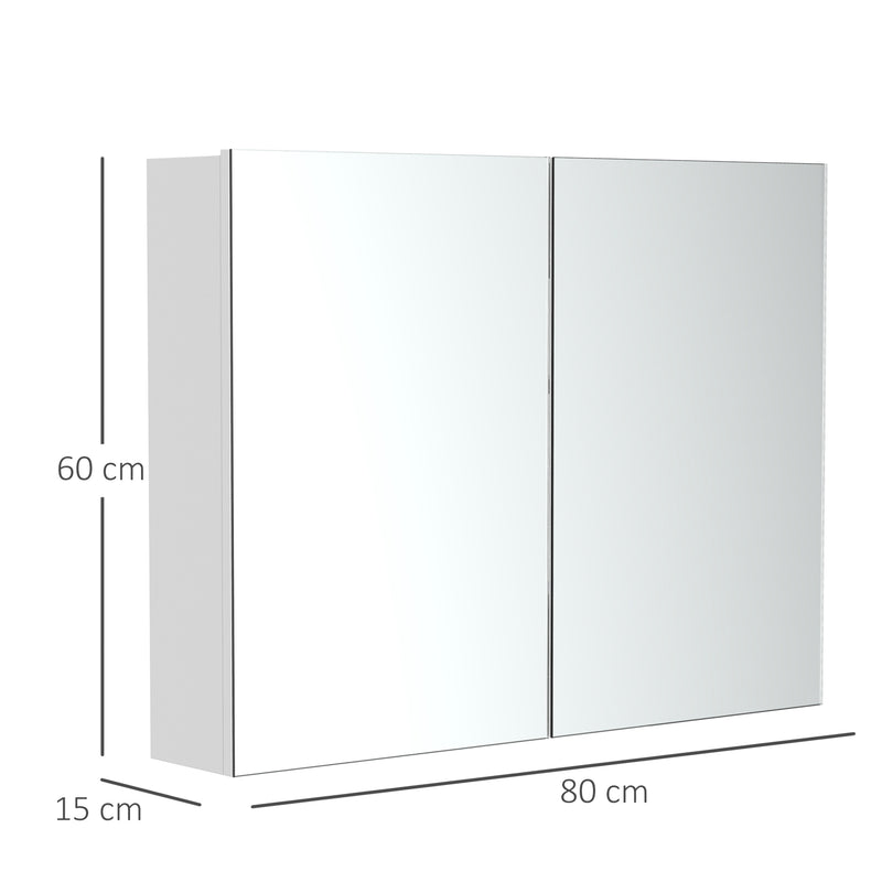 Double Door Mirror Cabinet, Wall Mounted Glass Cabinet, Storage Unit Bathroom Shelf Organiser, Wooden Frame 80L x 60H x 15Dcm, White