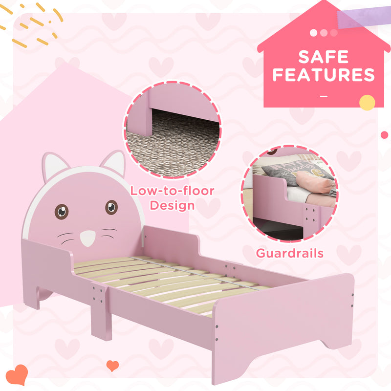 Bed for Kids Cat Design Toddler Bed Frame Bedroom Furniture with Guardrails, for 3-6 Years, 143L x 74W x 72Hcm - Pink