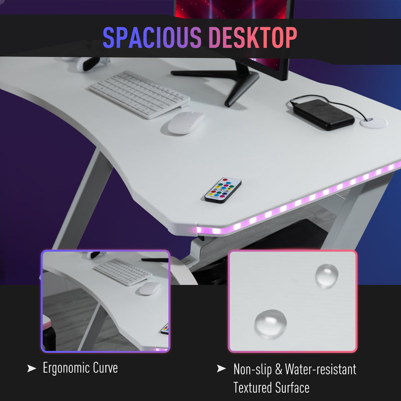 Gaming Desk Racing Style Home Office Ergonomic Computer Table Workstation with RGB LED Lights, Hook, Cup Holder, Controller Rack, White