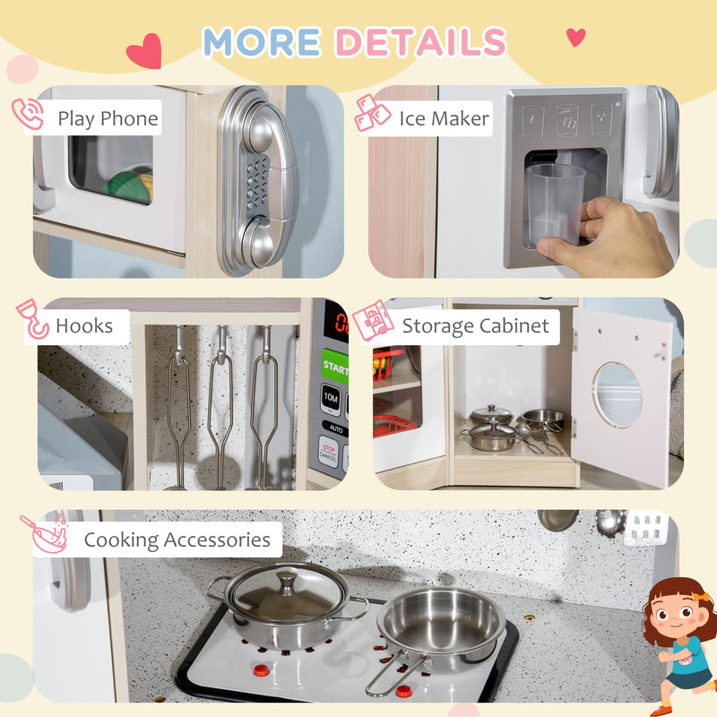 Toy Kitchen for Kids with Role Play Accessories, Wooden Corner Pretend Kitchen with Sound and Light, Phone, Microwave, Refrigerator, Ice Maker