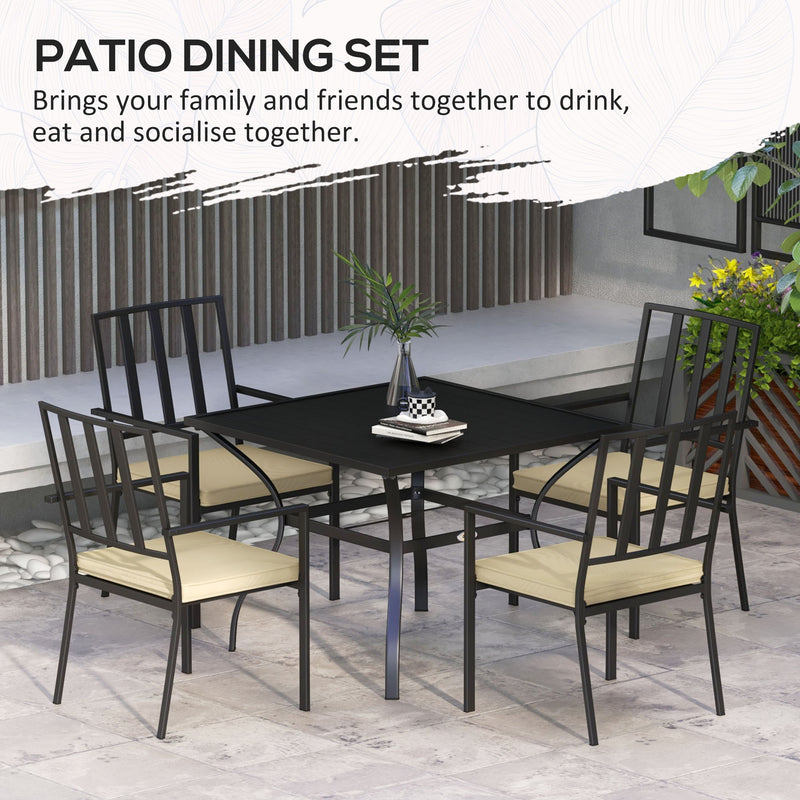 5 Pieces Garden Dining Set with Cushions, Outdoor Table and 4 Stackable Chairs, Metal Top Table with Umbrella Hole, Black