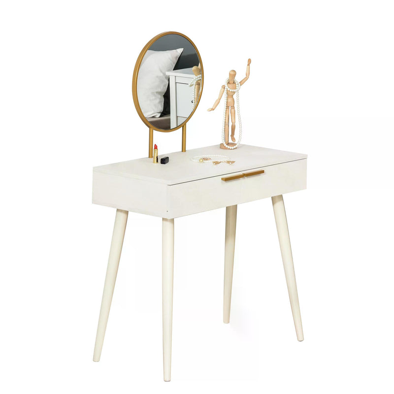 Modern Dressing Table with Round Mirror, Makeup Vanity Table with 2 Drawers for Bedroom, Living Room, White