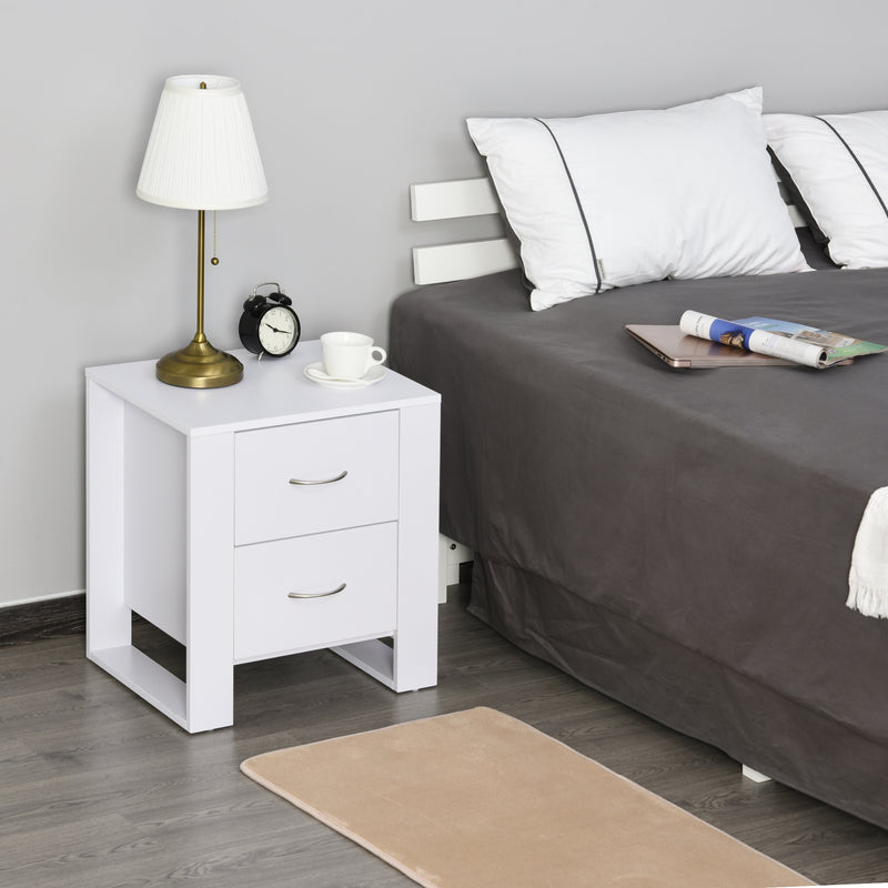 2 Drawer Modern Boxy Bedside Table w/ Handles Elevated Base Melamine Coating Bedroom Storage Furniture Night Stand Organisation White