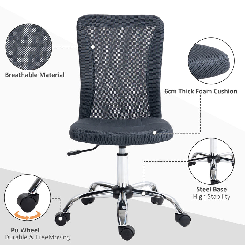 Computer Desk Chair, Mesh Office Chair with Adjustable Height and Swivel Wheels, Armless Study Chair, Dark Grey