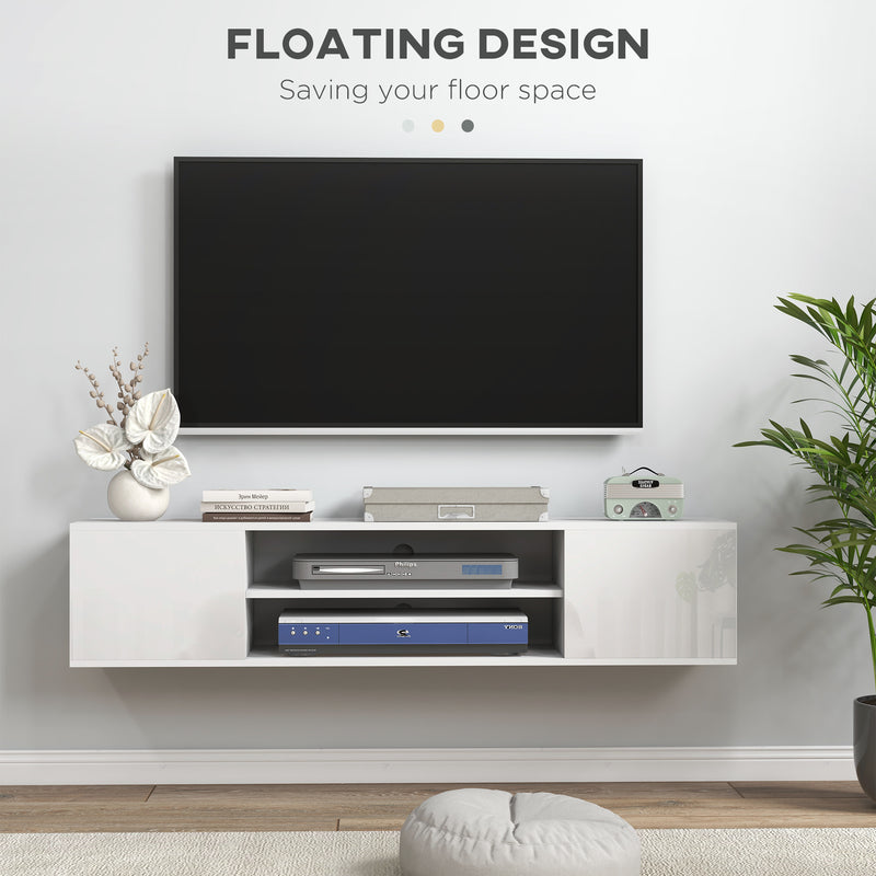 Floating TV Stand Cabinet for TVs up to 60", Wall Mounted TV Unit w/ Open Shelf, Storage Cupboards, Cable Management, White