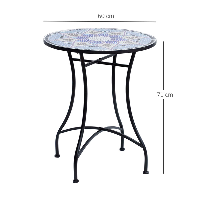 Outdoor Mosaic Round Garden Table, Patio Bistro Coffee Side Table with 60cm Ceramic Top for Garden, Blue and White