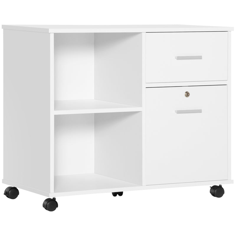 Filing Cabinet with Wheels, Mobile Printer Stand with Open Shelves and Drawers for A4 Size Documents, White