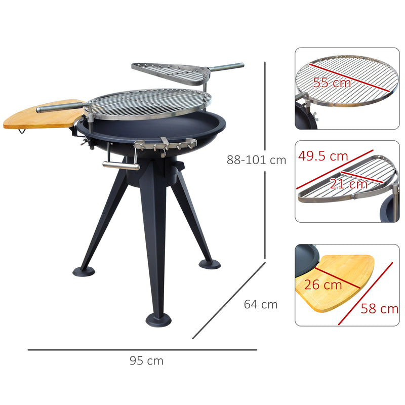 Charcoal BBQ Outdoor Garden Adjustable Barbecue Double Grill Party Cooking Fire Pit with Cutting Board - Black