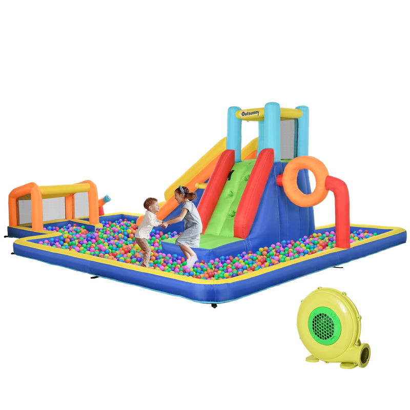 6 in 1 Bouncy Castle with Slide, Pool, Climbing Wall, Water Cannon, Basketball Hoop, Football Stand, for Ages 3-8 Years