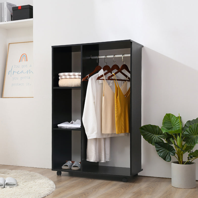Open Wardrobe with Hanging Rail and Storage Shelves w/Wheels Bedroom- Black