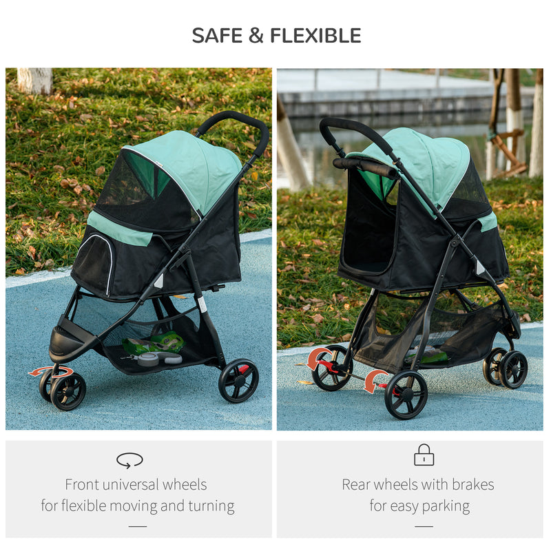 Foldable Pet Stroller with Rain Cover for XS and S-Sized Dogs Green