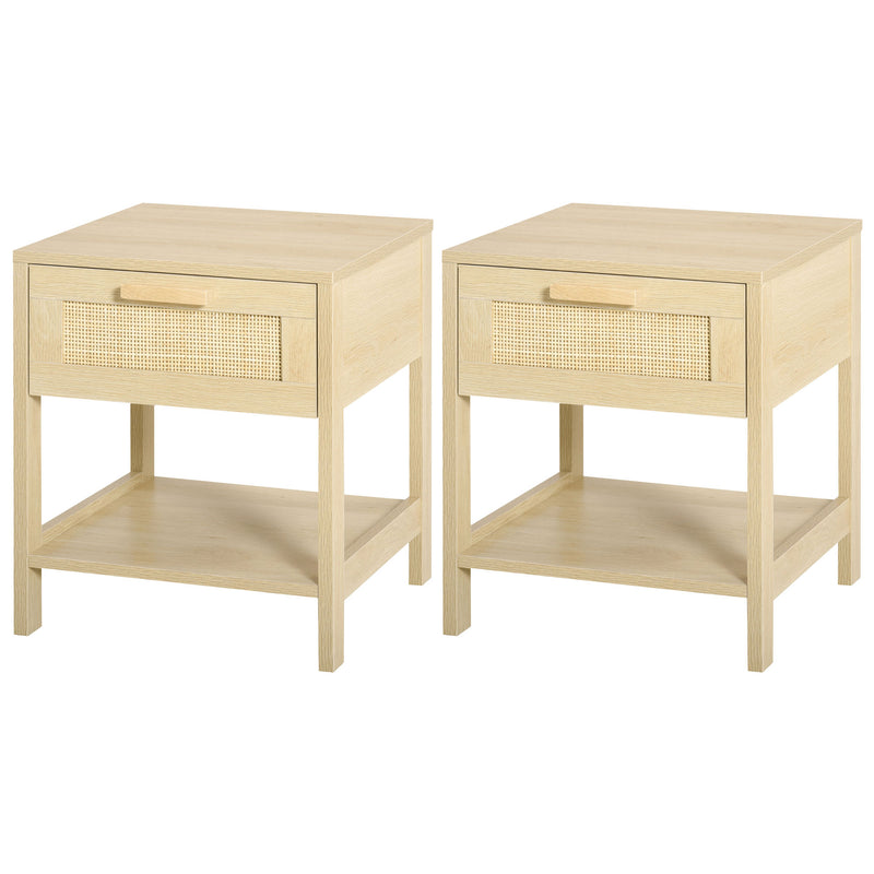 Nightstand with Rattan Drawer and Storage Shelf, Bedside End Table for Bedroom, Living Room, Set of 2