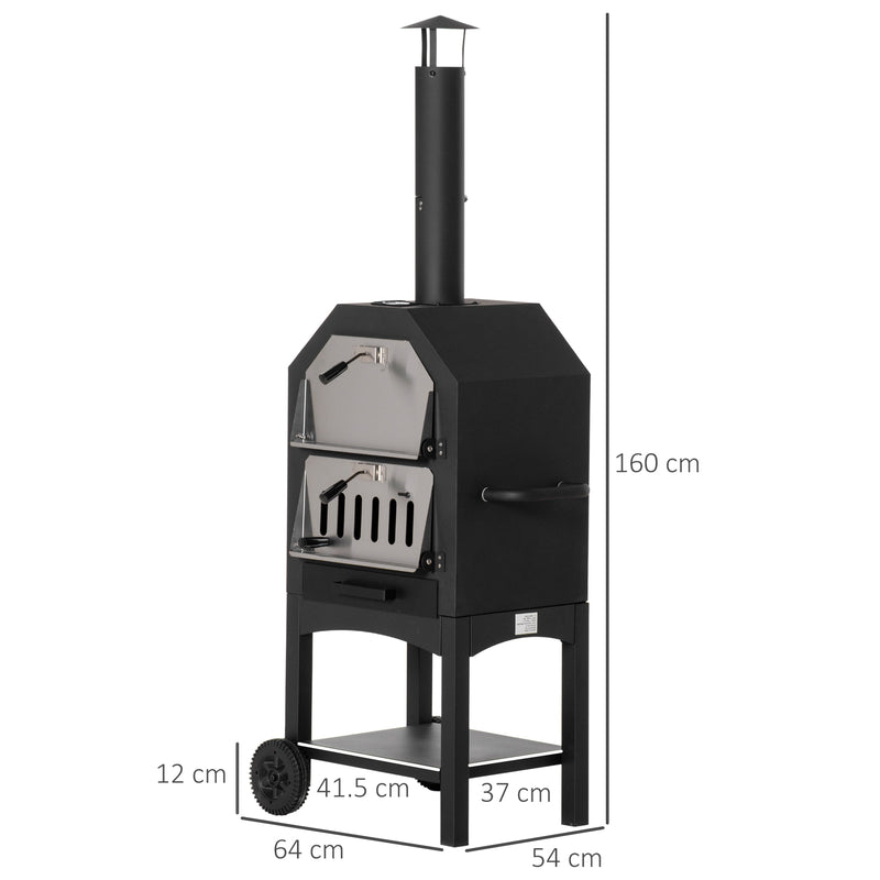 Outdoor Garden Pizza Oven Charcoal BBQ Grill 3-Tier Freestanding w/Chimney, Mesh Shelf, Thermometer Handles, Wheels Garden Party Gathering